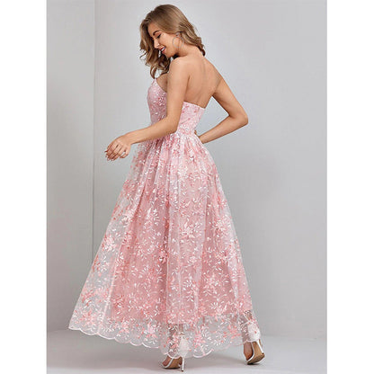 Women’s Strapless Evening Dress – Lace Embroidered – Flowy Full-Length Fit