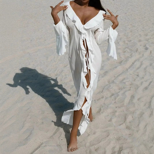 Sheer Ruffled Trim Open Front Cover-Up Dress