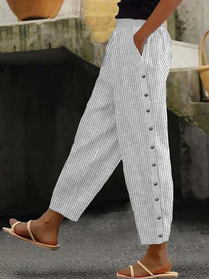 Striped button side cropped pants for women