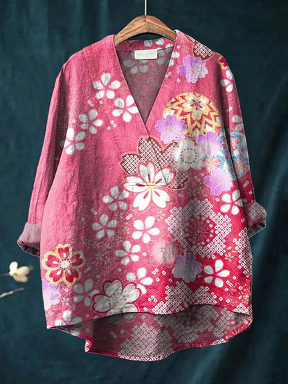 Women’s Long Sleeve Shirt – Relaxed Fit – V-Neck – Rolled Sleeves – Digital Print