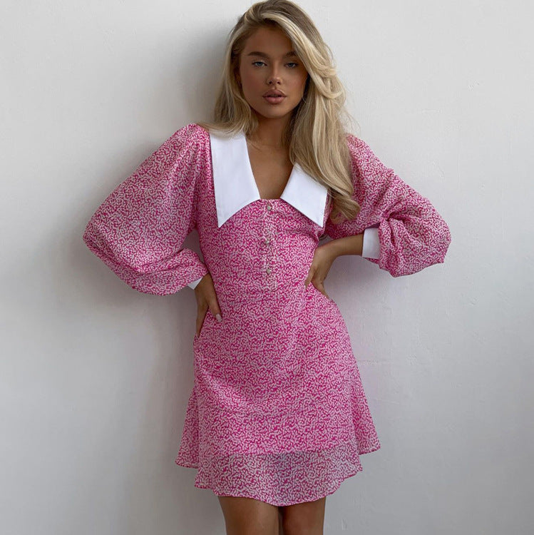 Women's A-Line Dress - Puff Sleeve - Contrast Pointed Collar - Vintage Inspired