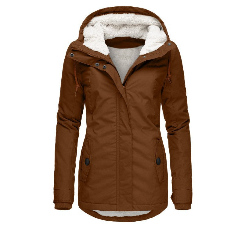 Women's mid-length fleece-lined winter parka with hood