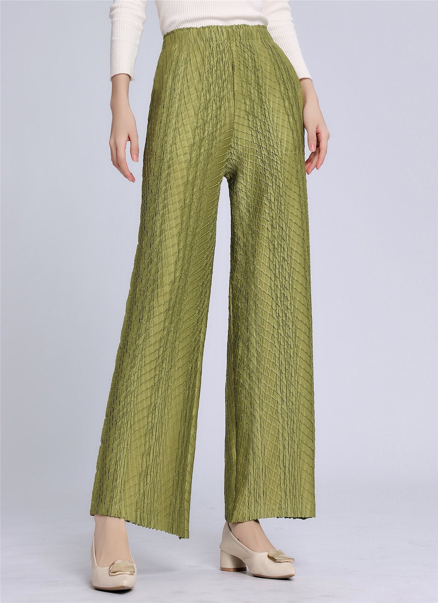 Women's Wide-Leg Pants - Textured Fabric - High Waist - Elastic Waistband - Flowy Fit