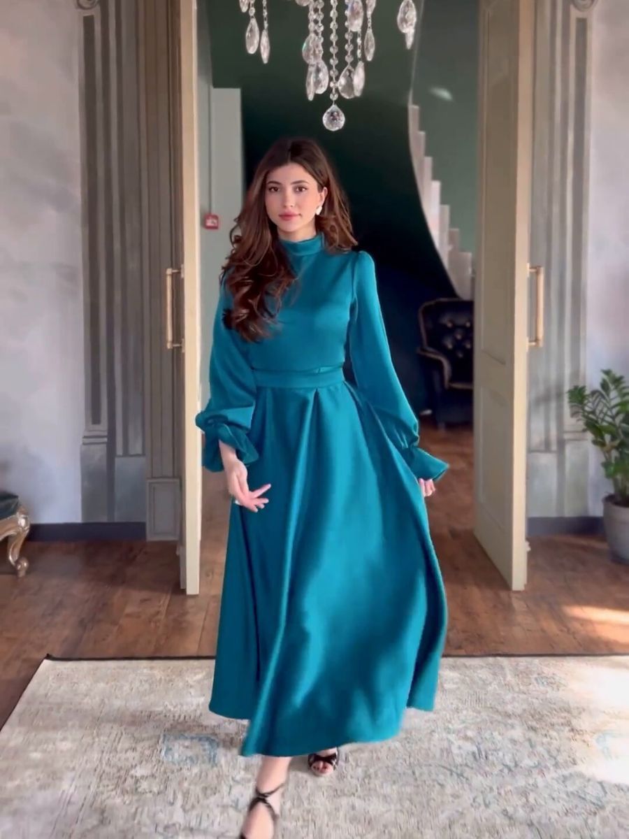 High Neck - Lantern Sleeve Long Dress