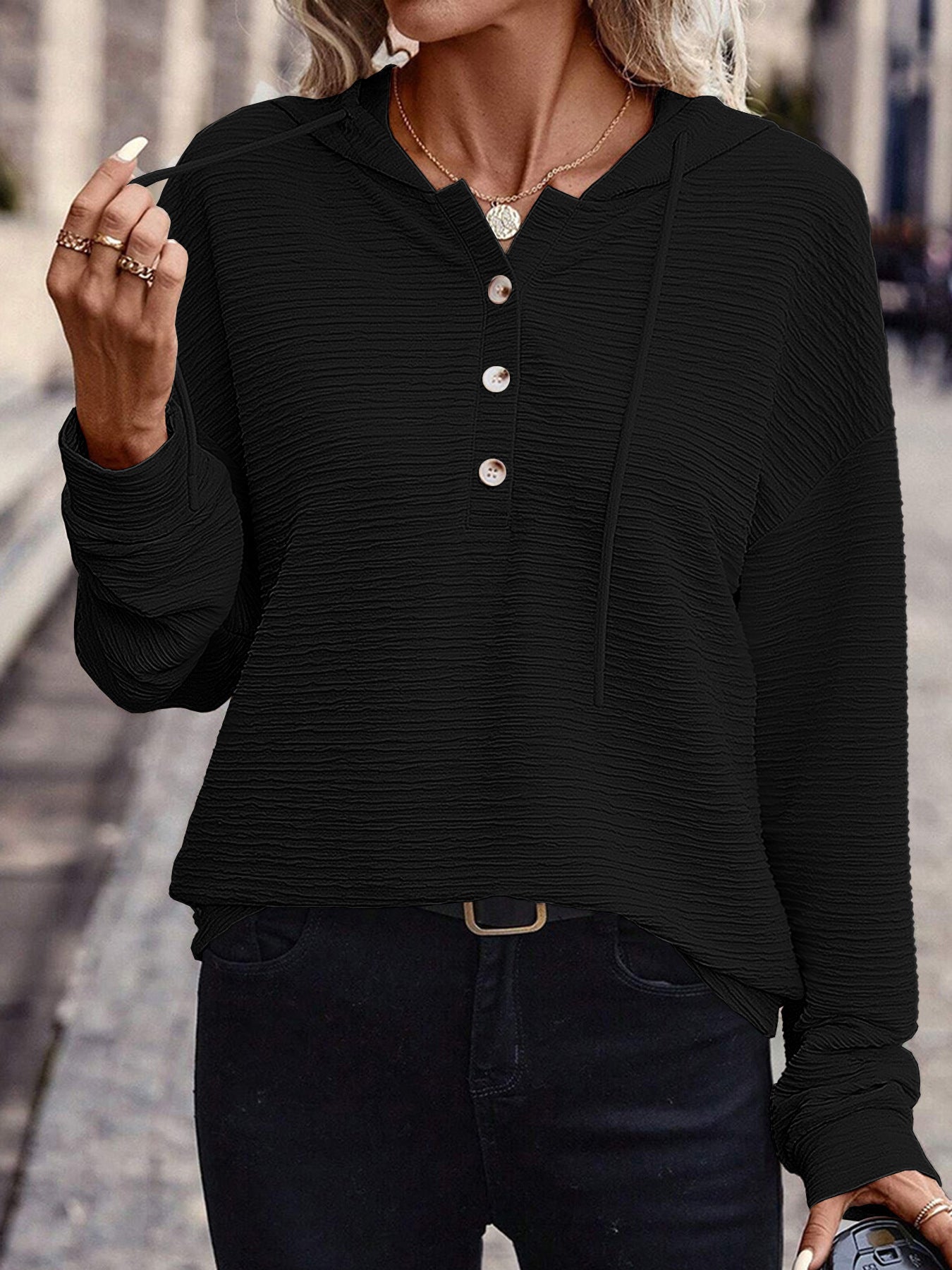Textured Relaxed Fit Button Front Hoodie Top