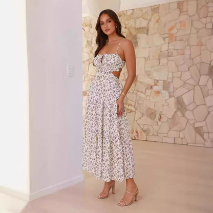 Women’s Maxi Dress – Fitted Bodice – V-Neck – Sleeveless – Side Cut-Outs – A-Line Skirt