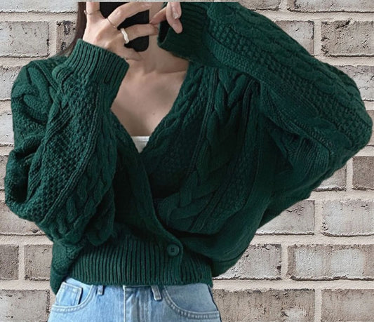 Cable Knit Relaxed Fit Wool Blend Cardigan 