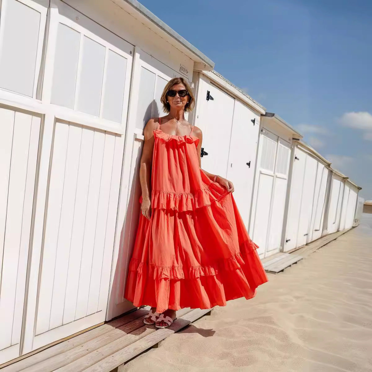 Women’s Maxi Dress – Lightweight Cotton Blend – Flowy Fit – Ruffle Neck – Tiered Skirt