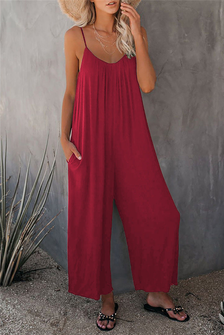Women’s Jumpsuit – Relaxed Fit – Spaghetti Straps – Breathable Blend – Full Length – Pockets