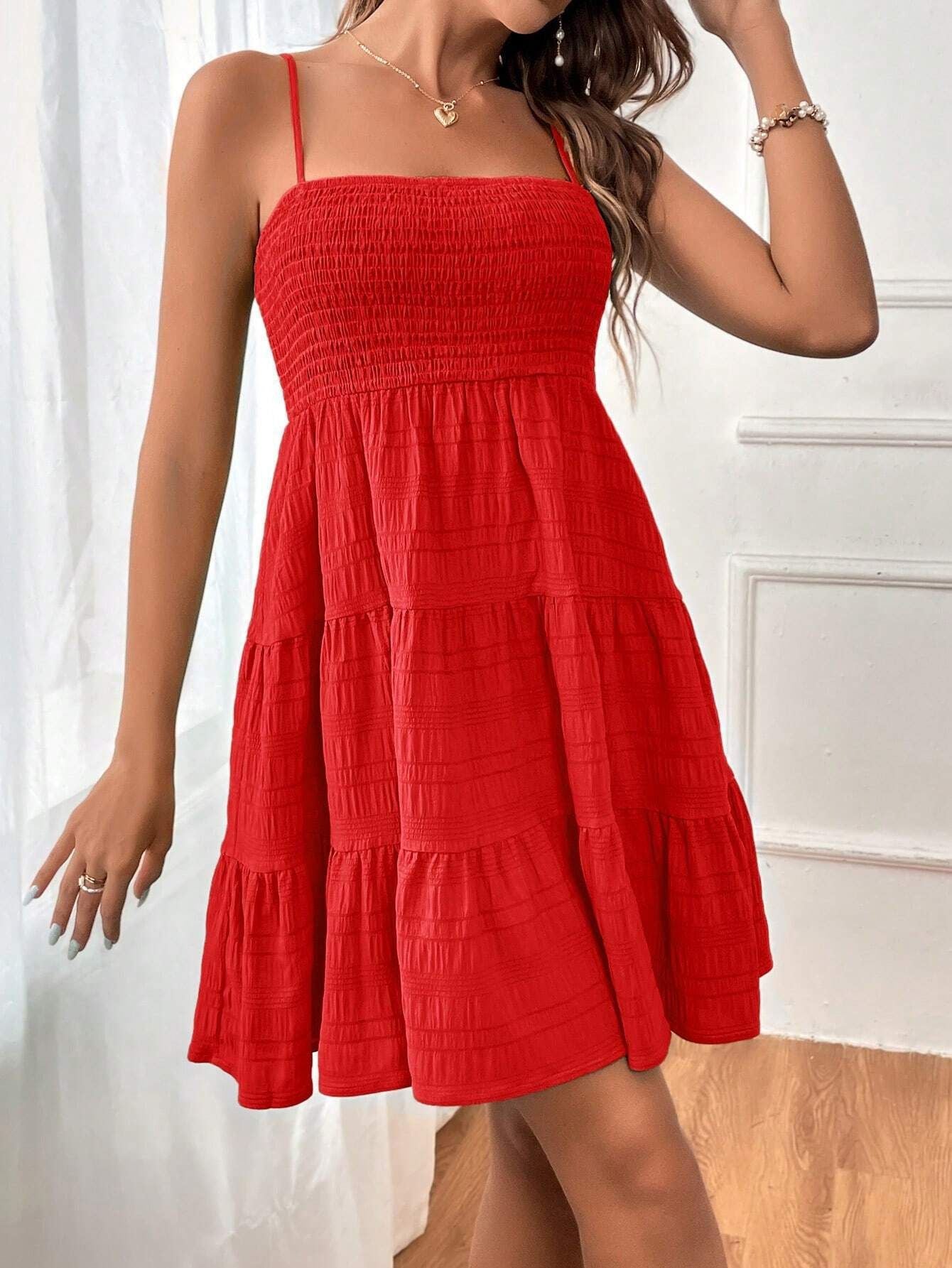 Women's Sundress - Smocked Bodice - Spaghetti Straps - Tiered Flowy Skirt