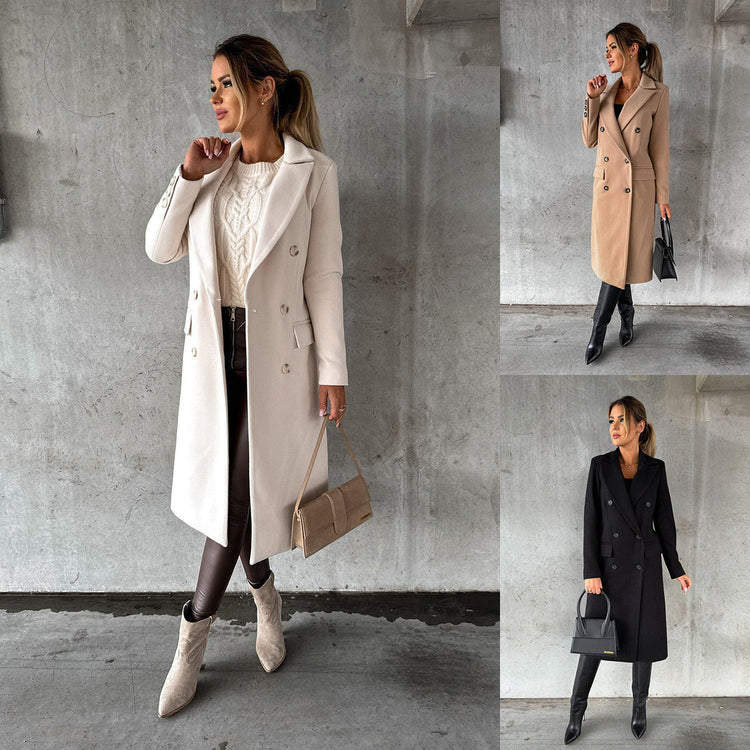 Women's long coat lapel with front pocket and button closure