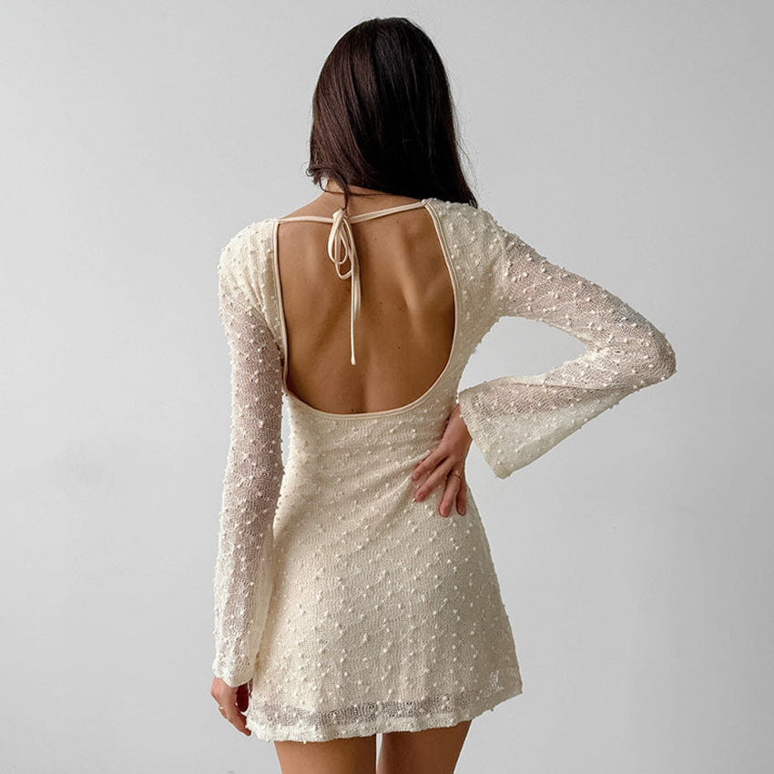 Women’s Mini Dress – Jacquard Fabric – Slim Fit – Long Sleeve – Round Neck Elegant Wear