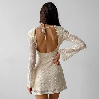 Women’s Mini Dress – Jacquard Fabric – Slim Fit – Long Sleeve – Round Neck Elegant Wear