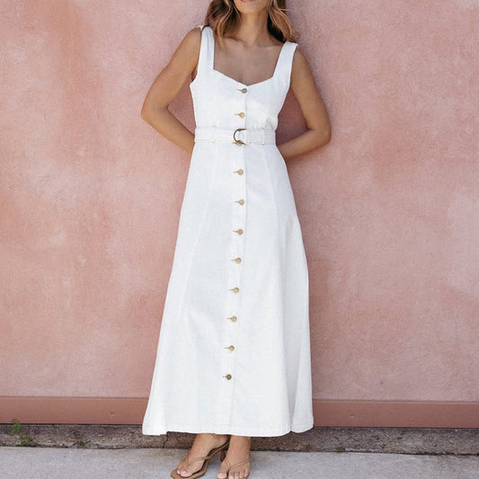 Slim Fit Belted Button Front Maxi Dress