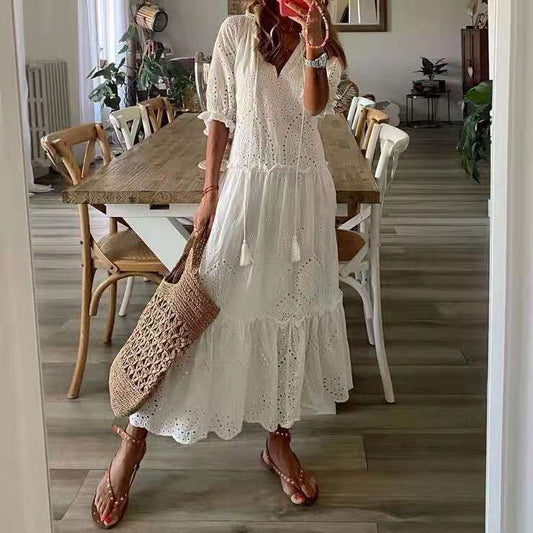 Embroidered Cotton Relaxed Fit Midi Dress