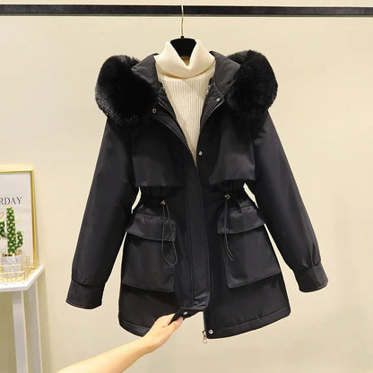 Women’s Parka Jacket – Mid-Length – Quilted Lining – Faux Fur Hood – Drawstring Waist