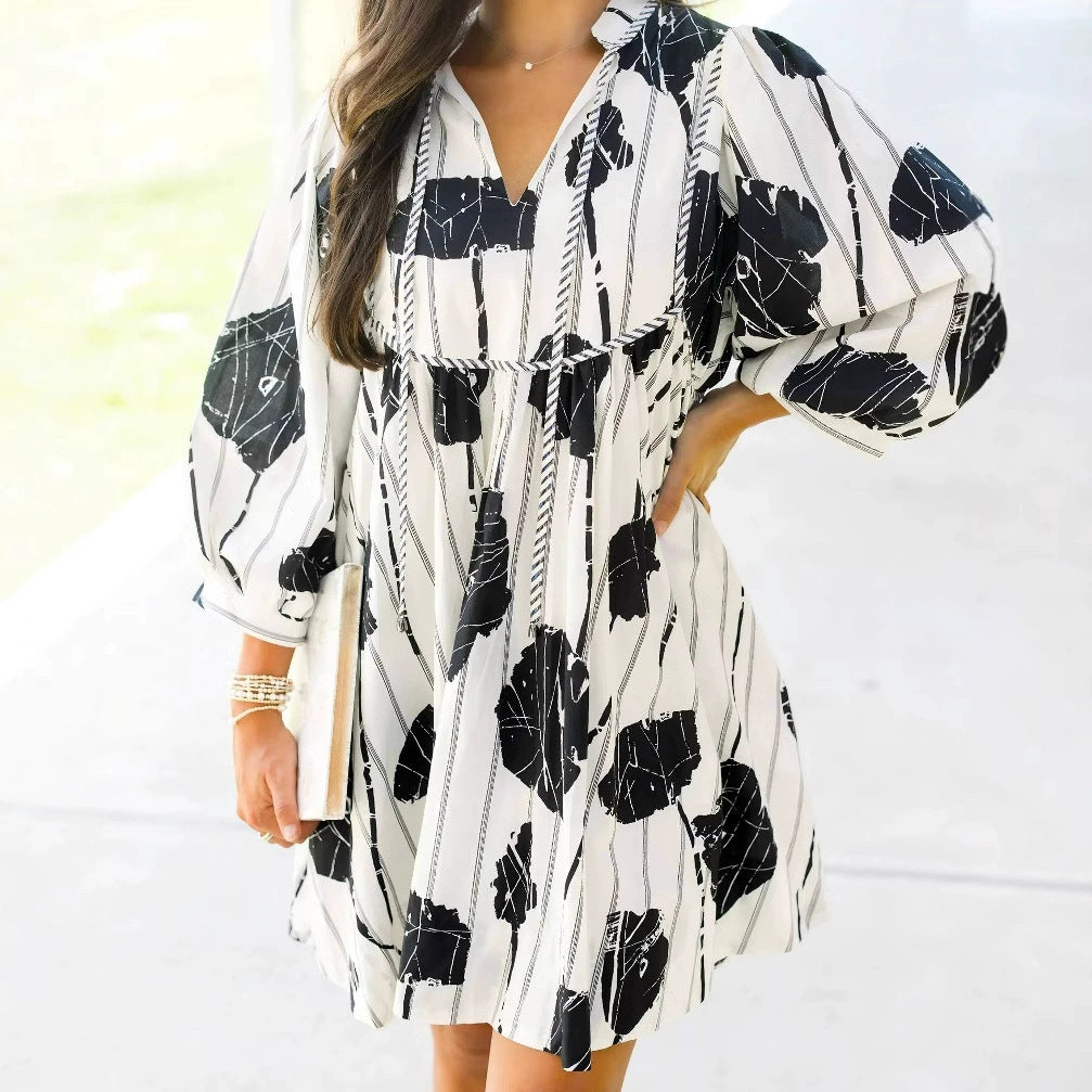 Women’s Short Dress – Cotton Blend – Puff Sleeve – V-Neck – Flowy Cinched Waist