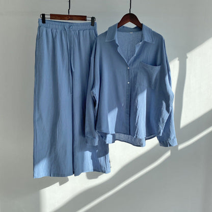 Women’s Loungewear Set - Button-Up Shirt & Wide-Leg Pants - Relaxed Fit Cotton Blend