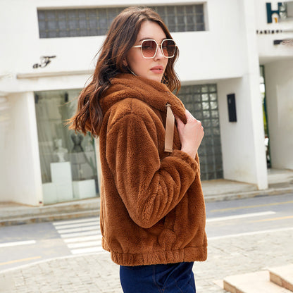 Women’s Short Coat – Faux Fur Knit – Hooded – Relaxed Fit – Elastic Hem and Cuffs