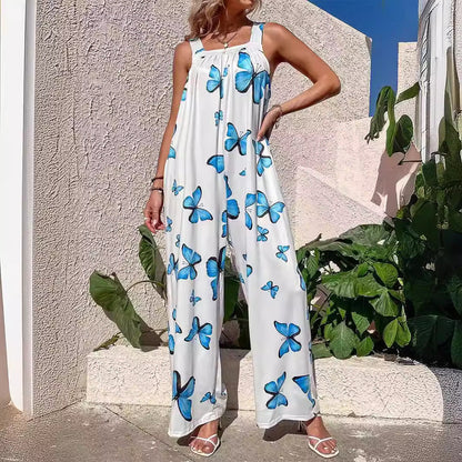 Women’s Jumpsuit – Loose Fit – Wide Leg – Sleeveless – Lightweight Printed Style