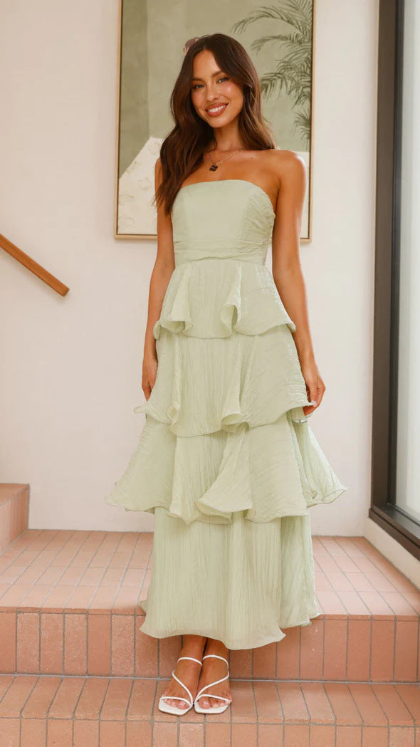 Tiered Ruffle Strapless Midi Dress