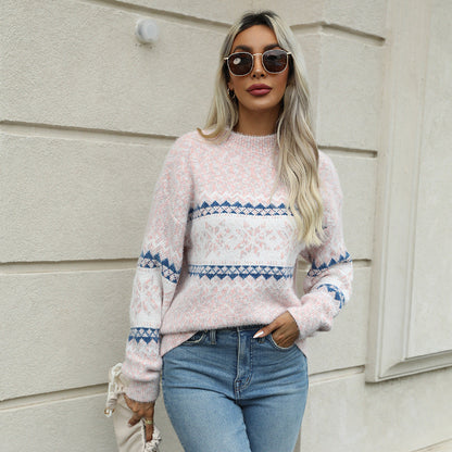 Women’s Knit Sweatshirt – Oversized Fit – Fair Isle Pattern – Mock Neck – Ribbed Cuffs
