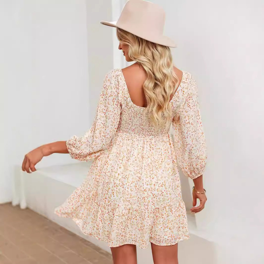 Women’s A-Line Dress – Smocked Bodice – Puff Short Sleeve – Floral Print – Pockets