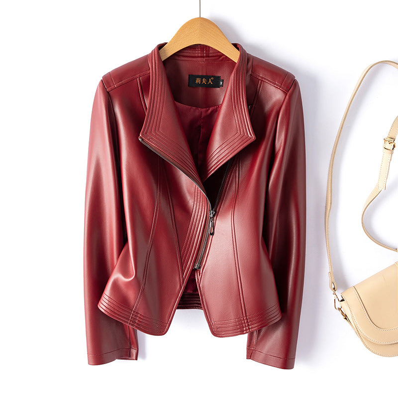 Faux Leather Cropped Notched Asymmetrical Jacket
