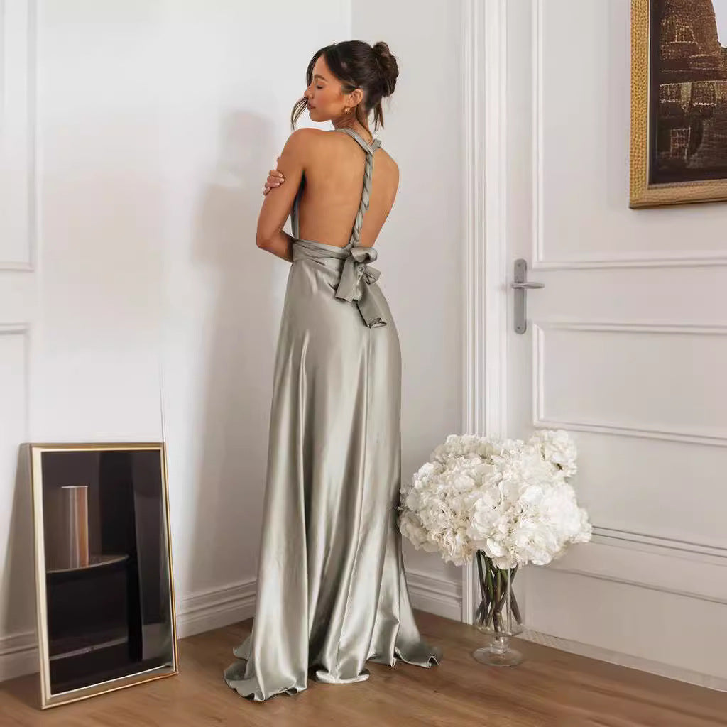 Women’s Maxi Dress – Satin Finish – A-Line Fit – Criss-Cross Back – Halter Neckline