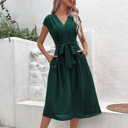 Women’s A-Line Dress – V-Neck – Short Sleeve – Tie Waist – Cotton Blend – Midi Length – With Pockets