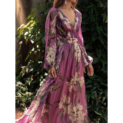 Women’s Full-Length Dress – Floral Chiffon – V-Neck – Long Sleeve – Relaxed Fit