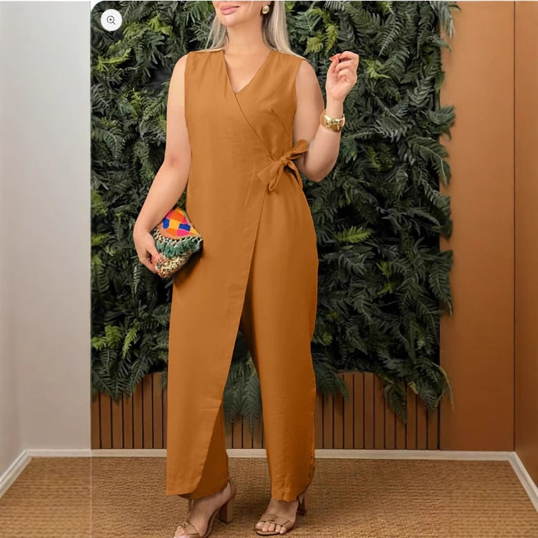 Women’s Jumpsuit – Cotton Fabric – Relaxed Fit – Sleeveless V-Neck Wrap Style