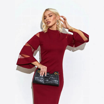 Women’s Midi Dress – Slim Fit Pencil Silhouette – Bell Sleeve – Side Slit – Round Neck