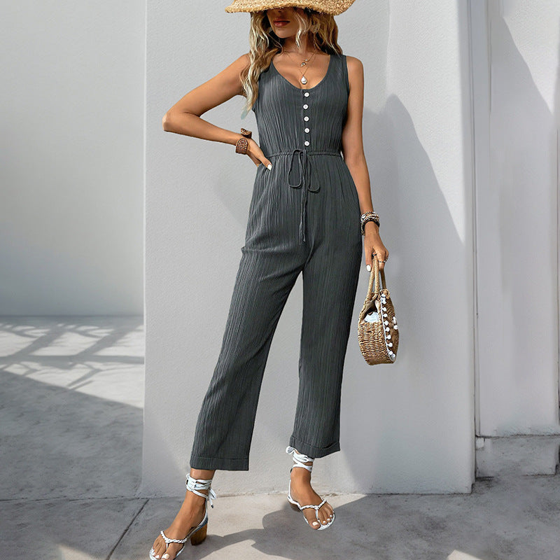 Textured Belted Relaxed Fit Jumpsuit