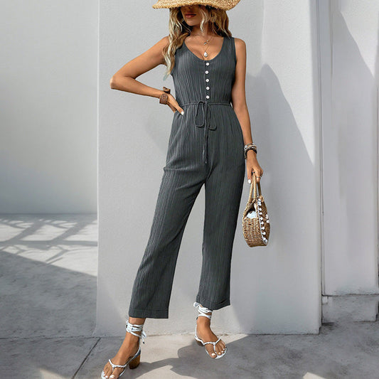 Textured Belted Relaxed Fit Jumpsuit