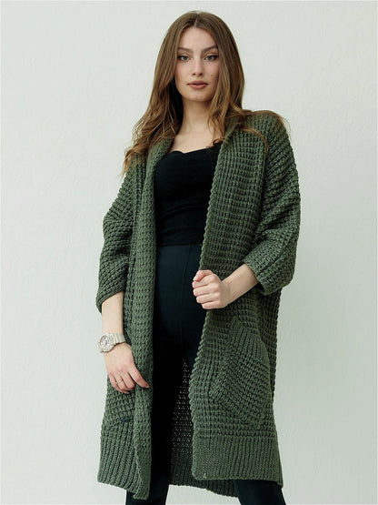 Women’s Knitted Coat – Oversized Fit – Chunky Wool Blend – Open Front – Patch Pockets