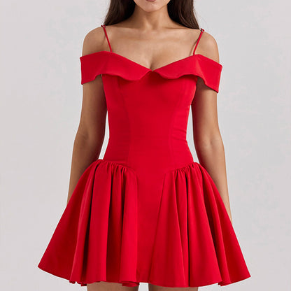 Women’s Off-Shoulder Dress – Midi Length – A-Line Fit – Spaghetti Straps – Elegant Style