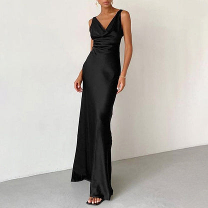 Women’s Satin Gown – Slim Fit – Draped Neckline – Spaghetti Straps – Floor-Length
