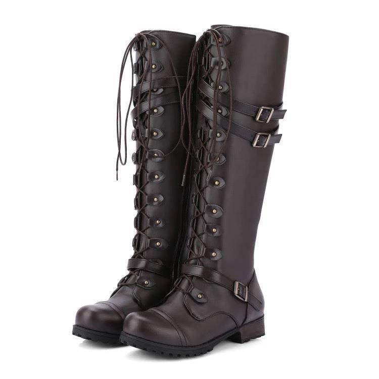 Women's waterproof faux leather knee-high boots with round head and belt buckle