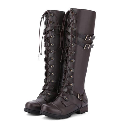 Women's waterproof faux leather knee-high boots with round head and belt buckle