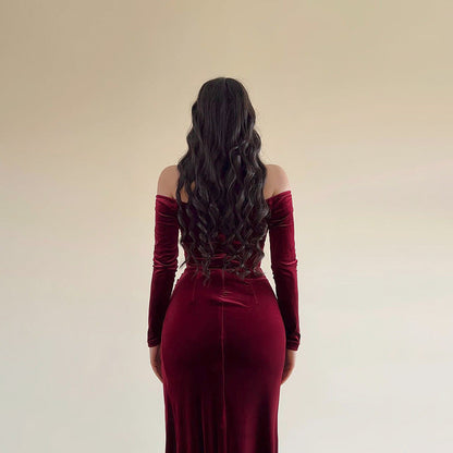Women’s Long Dress – Velvet – Off Shoulder – Crossover Bust – High Slit – Form Fitting