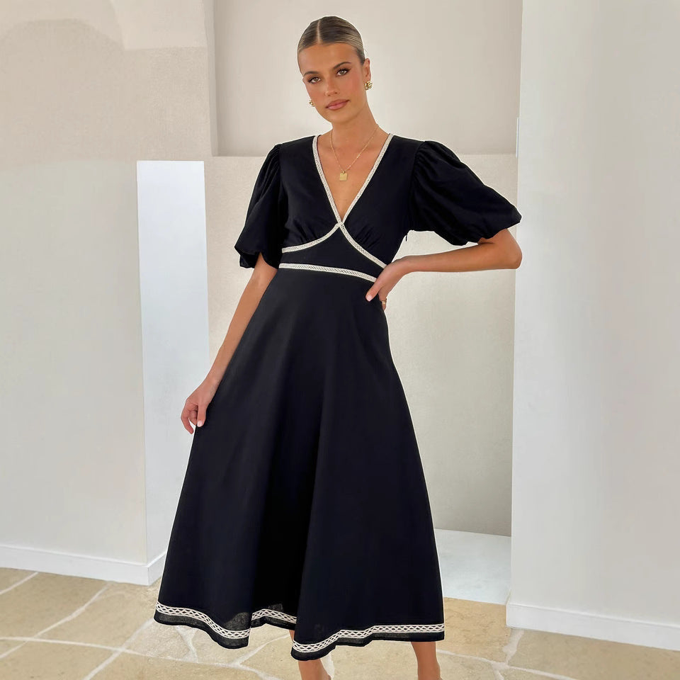 Women’s Long Dress – V-Neck – Fitted Waist – Puff Sleeve – Lace Trim Elegant Style