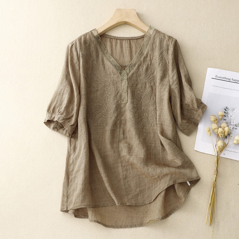 Embroidered Breathable Loose Fit Short Sleeve Shirt