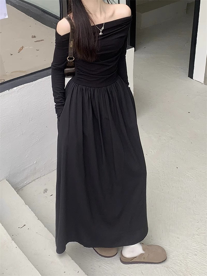 Women's Off-Shoulder Maxi Dress - Elegant Long Sleeve - Classic Flowing Skirt