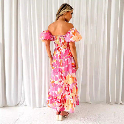Women’s Maxi Dress – Off-Shoulder – Puff Sleeve – Smocked Waist – Tiered Skirt – Printed