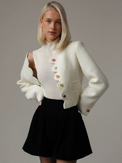 Women’s Cropped Jacket – Structured Fit – Woven Texture – Heart Buttons – Scalloped Edge
