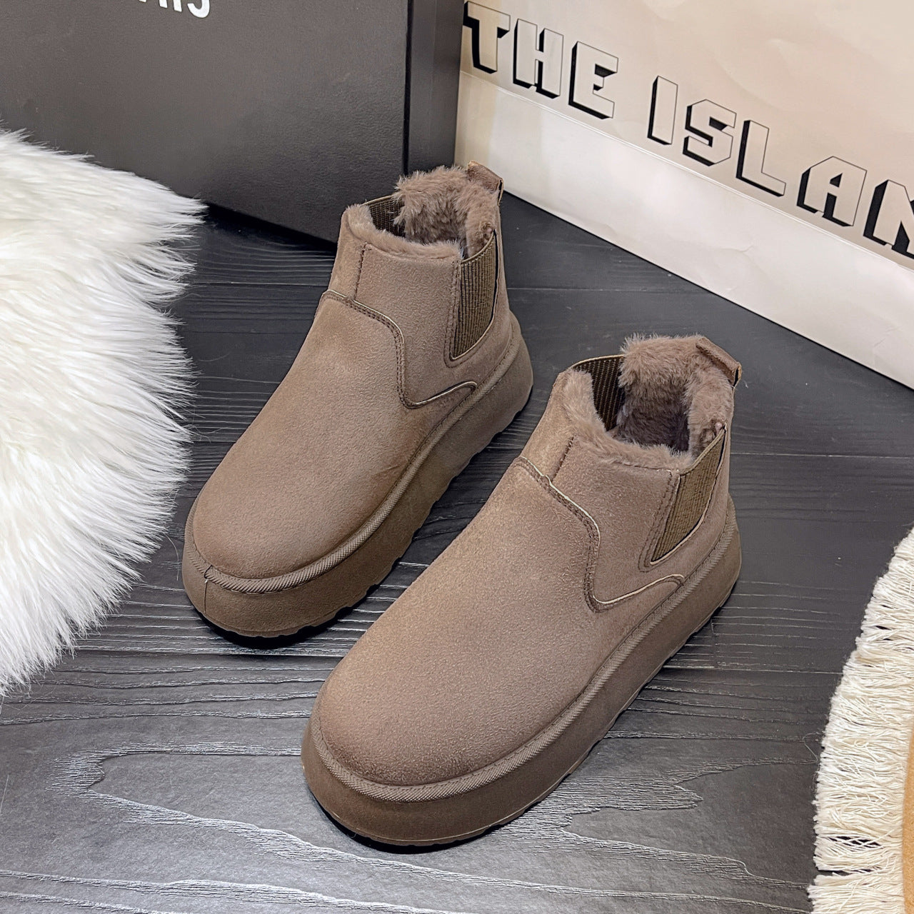 Women’s Ankle Boots - Faux Suede - Slip-On - Elastic Gussets - Faux Fur Lined