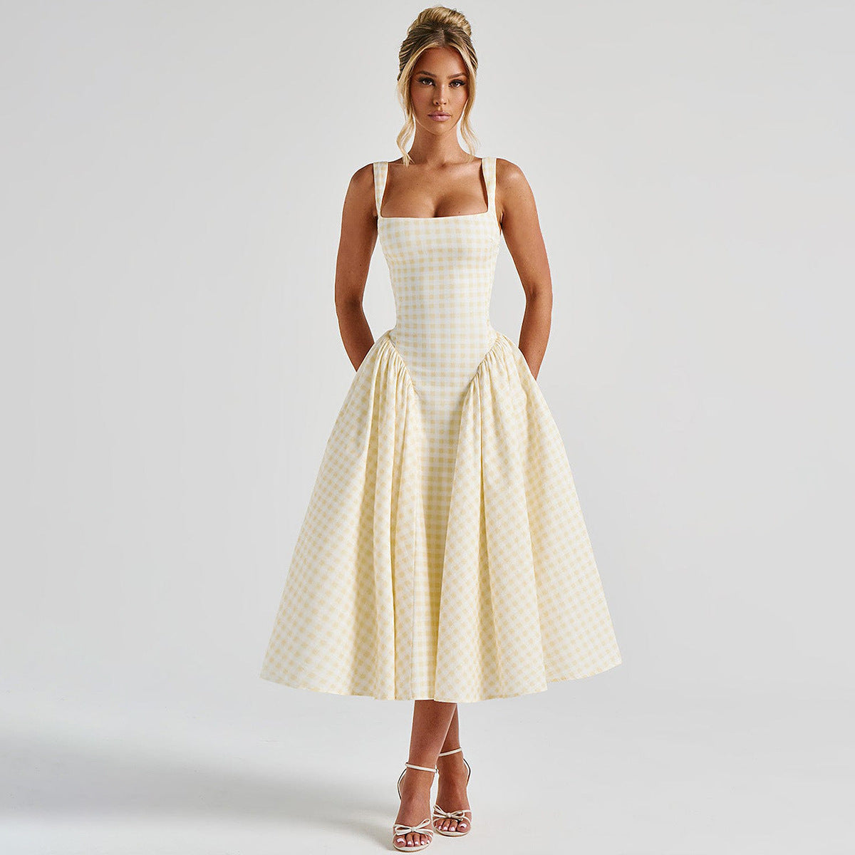 Checkered Cotton Blend Princess Silhouette Midi Dress