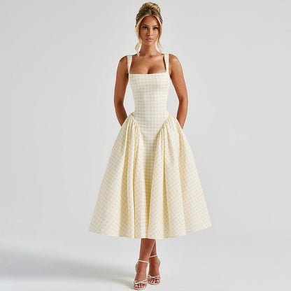 Women’s Midi Dress – Princess Silhouette – Square Neck – Cotton Blend – Checkered Pattern