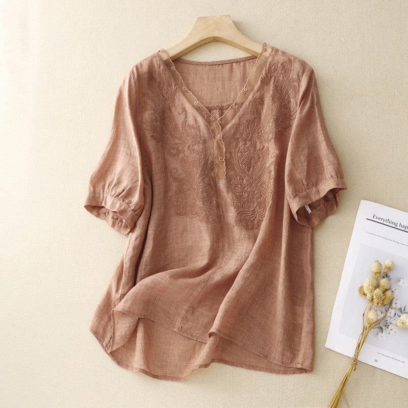 Embroidered Breathable Loose Fit Short Sleeve Shirt